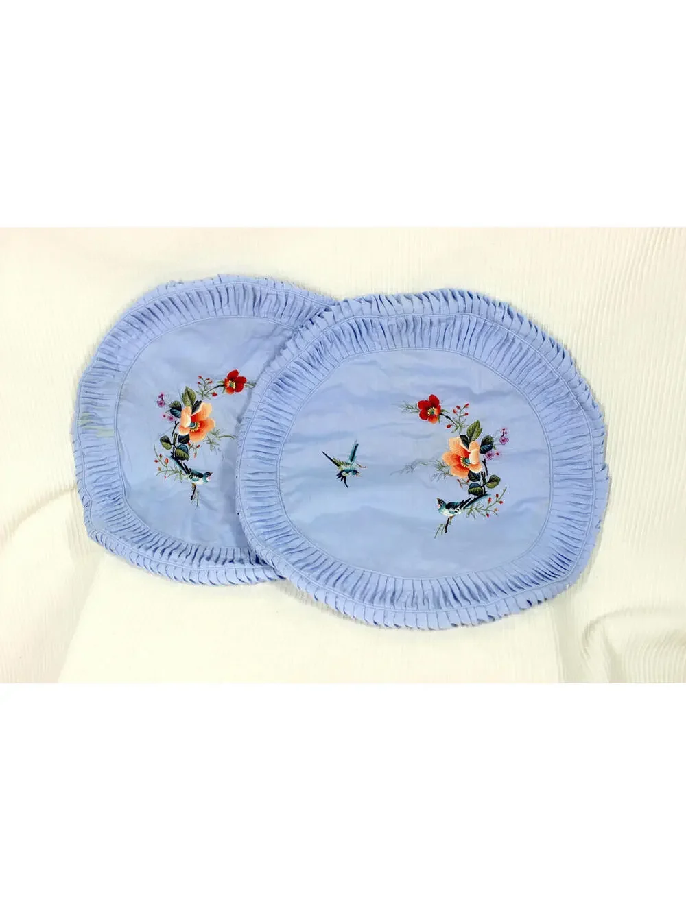 Vtg 50s Round Pillow Covers Set Pleated Cotton Silk Embroidery Hummingbird